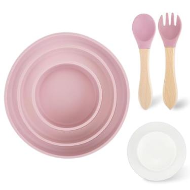 Imagem de Mulaibdin 3 peças de pratos de silicone com talheres, placas de sucção removíveis e tigelas, pratos mais profundos grudam e permanecem livres de BPA (rosa)