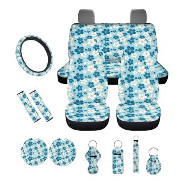 Imagem de Drydeepin Acessórios de carro com estampa de flor de cerejeira azul branco conjunto completo com capas de volante + almofadas de cinto de segurança + porta-copos + chaveiro + suporte de batom ajuste