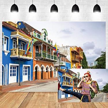 Imagem de OERJU 2,1 x 1,5 m pano de fundo com vista da cidade europeia colorido edifício de casa vazia bandeira Columbia arquitetura moderna amantes de fundo de lua de mel, viagem, férias, vinil, adereços de