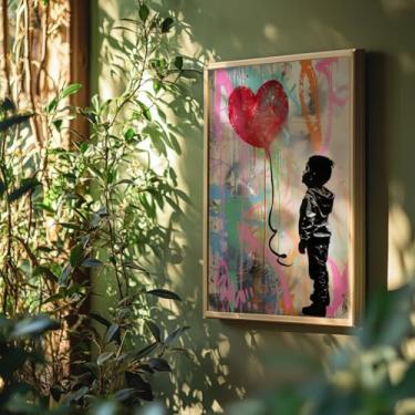 Imagem de Quadro Decorativo Menino Balão Coração Com Moldura Arte Urbana Estilo Banksy Colorido Amor Infantil Moderna Parede Criativa