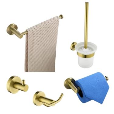 Imagem de Acessórios para banheiro em ouro escovado, toalheiro, escova de vaso sanitário, suporte para rolo de papel, barra de toalha, gancho para sabonete, ferragens para banheiro, prateleira de parede (c