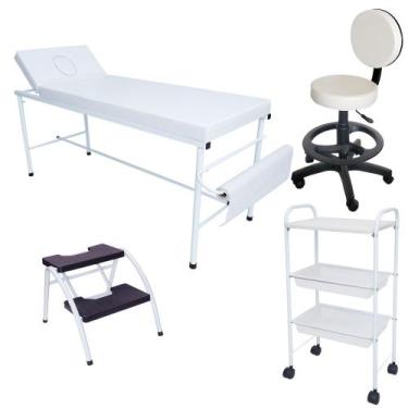 Imagem de Kit Estética Maca Fixa, Mocho, Escada e Carrinho Aux. Branco - For-ty