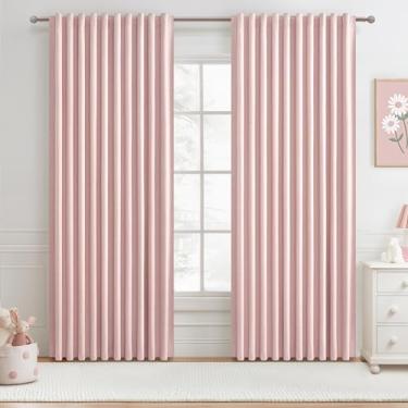 Imagem de Lindas cortinas rosa bebê extra largas 177,8 cm de largura para quarto Grils conjunto de 2 painéis, plissadas resistentes, 203 cm de linho longo, blackout para porta deslizante, janela grande