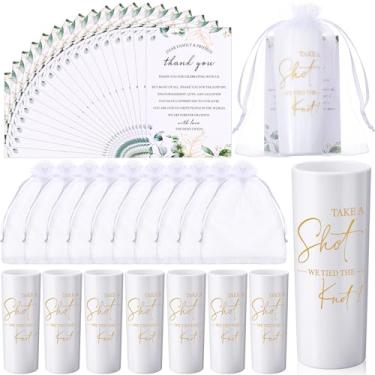 Imagem de Sliner Conjunto de 100 lembrancinhas de casamento para convidados a granel 60 g Acrílico Take a Shot We Tied the Knot Shot Glasses com cartões de agradecimento sacos de organza para presentes de