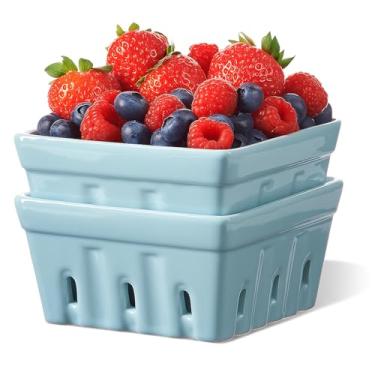 Imagem de ONEMORE Tigela de frutas silvestres de cerâmica com furos, tigela quadrada de frutas silvestres para geladeira - cesta de frutas de 14,7 cm para decoração de cozinha, conjunto com 2, azul
