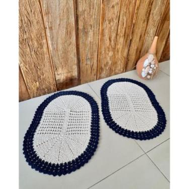 Imagem de Kit 2 Tapetes 65x45cm Oval Telinha Crochê Artesanal (Azul Marinho)