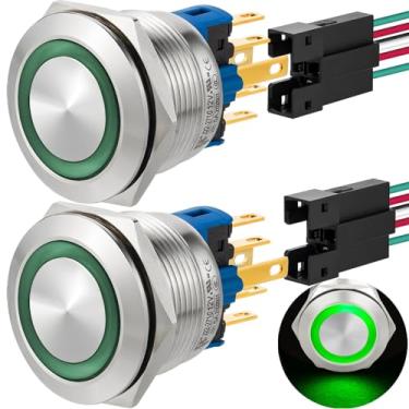 Imagem de Interruptor de botão momentâneo de 22 mm 12V 1NC SPDT caixa de aço inoxidável à prova d'água interruptores industriais com soquete de fio de 7/20.3 cm, pacote com 2 (verde)