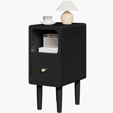 Imagem de Mesa de cabeceira estreita, mesa de cabeceira de madeira maciça com gavetas, mesa de cabeceira moderna preta de meados do século, pequena mesa ao lado com prateleira de armazenamento aberta para