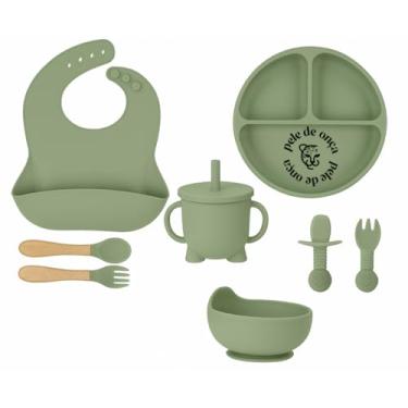 Imagem de Kit Alimentação Bebê 8 Peças Silicone Atóxico Prato com Divisórias Tigela Babador Talheres Copo com Canudo (Verde)