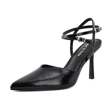 Imagem de Shoe'N Tale Sandálias femininas de salto alto com bico fino, bico fino, bico fechado, tira no tornozelo, sandálias de salto com fivela dupla, salto sexy para festa de casamento, escritório, Preto, 36