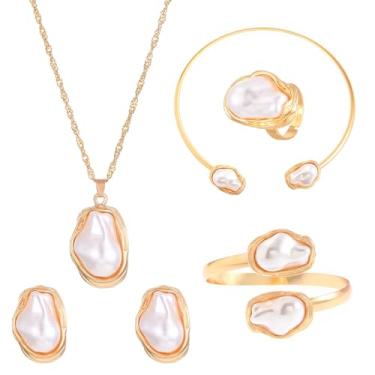 Imagem de Lssfadccx Conjunto de 5 peças de joias de pérolas, colar de gargantilha e brincos, conjunto de joias de fantasia de pérola irregular para presente de festa de aniversário de casamento, one size
