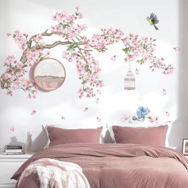 Imagem de decalmile Decalques de parede de flor de cerejeira ramo de árvore rosa pássaros adesivos de parede quarto sala de estar sofá TV fundo decoração de parede