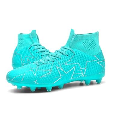 Imagem de changshen Chuteiras unissex masculinas sapatos de futebol branco/preto/azul FG/AG cano alto botas de futebol para jovens treinamento profissional tênis atlético, Azul, 6.5