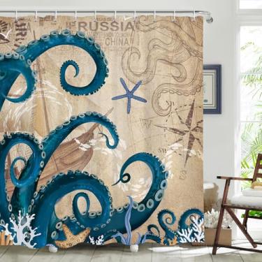 Imagem de Dazzlewall Cortina de chuveiro de polvo marinho vintage náutico oceano praia decoração Kraken navio pirata mapa do mundo decoração 72 × 72 em tecido com gancho