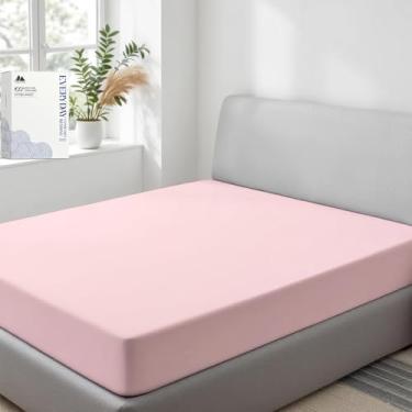 Imagem de Mayfair Linen Lençol solteiro 100% algodão orgânico, tecido percal, blush, 1 lençol com elástico alto, cabe em colchões de até 40,6 cm, roupa de cama de luxo com certificação GOTS