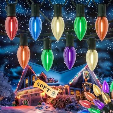 Imagem de Kawaya Luzes de árvore transparentes de LED multicoloridas de Natal para ambientes externos - C9 15,2 m, 50 lâmpadas à prova d'água para decoração externa de árvores, casa, passarela e caminhos