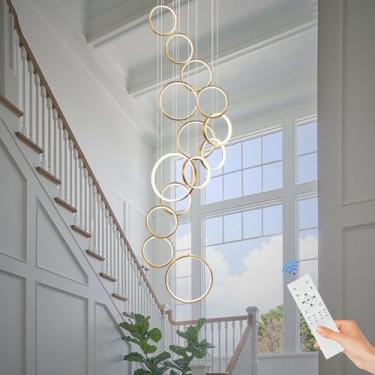 Imagem de Sparklelf Lustre de LED moderno de 14 anéis para teto alto regulável dourado contemporâneo, hall de entrada, luminária pendente longo, escada, sala de jantar, sala de estar, 3000-6500 K