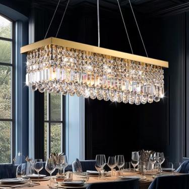 Imagem de 7PMBEANE Lustre moderno de cristal dourado, luminária retangular de gota de chuva de cristal K9, 6 lustres retangulares de luz para sala de jantar sala de estar cozinha ilha L70 cm x L 25 cm x A 25 cm