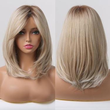 Imagem de ORAVISTA Peruca Sintética Ombre Marrom a Loiro para Mulheres com Franja, Aparência Natural Resistente ao Calor Substituição de Cabelo para Uso Diário (Loira, 35,5 cm)