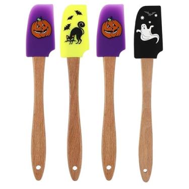 Imagem de Cabilock Conjunto de 4 espátulas de silicone de Halloween, antiaderentes, com cabo de madeira, espátulas de cobertura de bolo festivo para cozinhar e usar na cozinha, fácil de limpar e