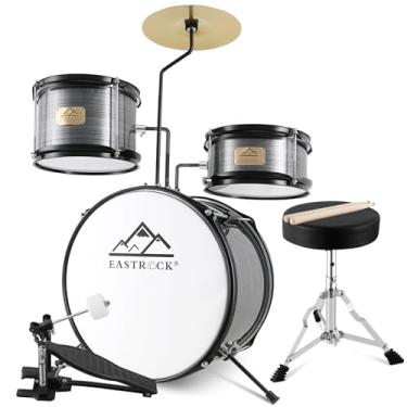 Imagem de EASTROCK Conjunto de bateria infantil, 3 peças de 35,5 cm para baterista, iniciante, conjunto de bateria para crianças de 5 a 7 anos com trono ajustável, prato, pedal, baquetas (cinza)