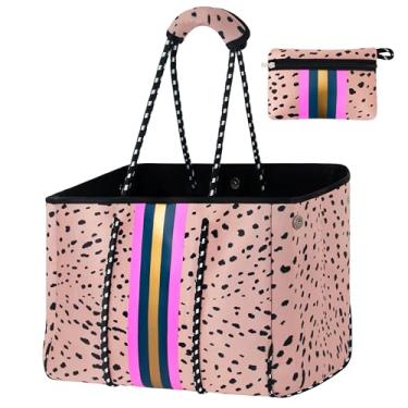 Imagem de Hirooms Bolsa de neoprene grande multiuso bolsa de neoprene elegante academia feminina bolsa de ombro com bolsa pequena, Oncinha rosa, Large