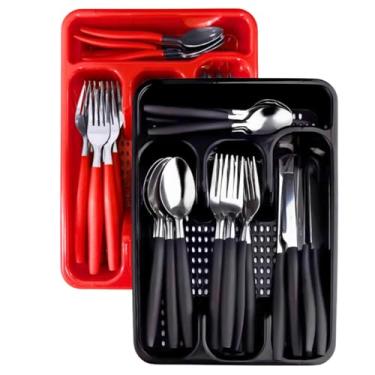 Imagem de Conjunto de Talheres em Aço Inox, 25 Peças, Cabo Vermelho ou Preto com Suporte, 6 Garfos, 6 Colheres, 6 Facas, 6 Colheres Sobremesa