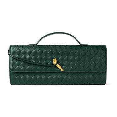 Imagem de Joryin Bolsa feminina de tecido para noite, bolsa tiracolo de couro, bolsa formal, couro vegano, Couro trançado verde esmeralda, 1.7" x 12.2" x 5.1"