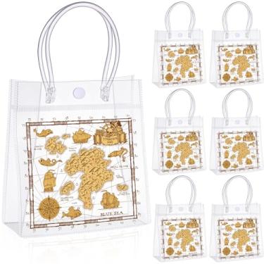 Imagem de Sweetude 24 peças de lembrancinhas de festa náutica pirata mapa do tesouro crânio cruise sacos de brindes a granel com alça transparente PVC doces sacola de presente transparente para decorações de