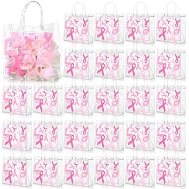 Imagem de Sweetude 24 unidades de sacolas de presente de conscientização do câncer de mama com fita rosa transparente de PVC com alças 19 x 8 x 19 cm saco de embrulho de PVC reutilizável para mulheres