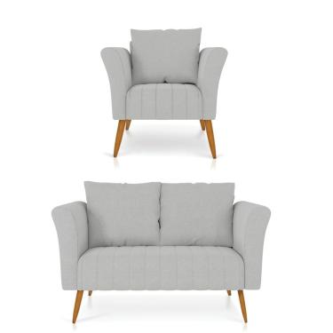 Imagem de Kit 01 Namoradeira 02 Lugares E 01 Poltrona Marilia Linho Cinza Claro A05 Pés Palito Castanho - D'rossi