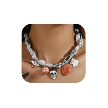 Imagem de Colar de lenço de seda para mulheres, colar com pingente de pérolas e coração de cristal, colares coloridos de seda com joias de Papai Noel, Natal, colar de caveira de Halloween, adjustable, Cachecol