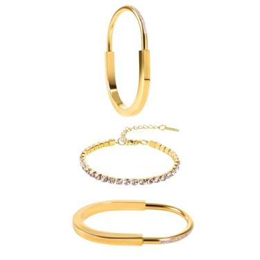 Imagem de 99 JEWELRY Pulseiras de ouro para mulheres, conjunto de pulseiras banhadas a ouro 18K e branco, conjunto de corrente em camadas de tênis de folha, joias, pulseira ajustável à prova d'água, não mancha