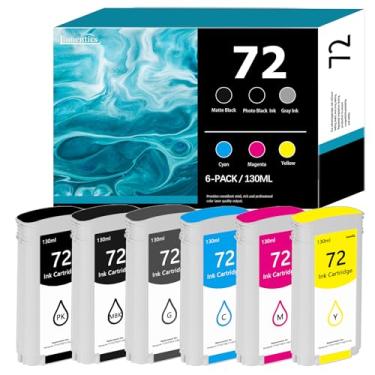 Imagem de 72 cartuchos de tinta de substituição mais recente para HP 72 cartuchos de tinta funciona com DesignJet T770 T790 T795 T610 T620 T1100 T1120 T1200 T1300 T2300 (130 ml, pacote com 6)
