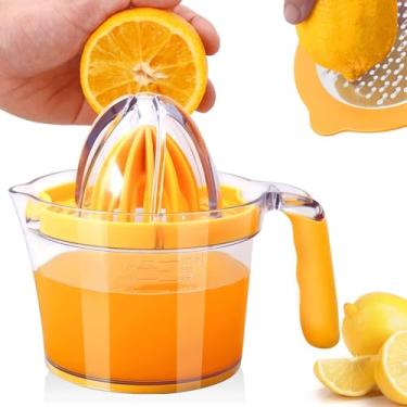 Imagem de Espremedor manual de suco de limão e laranja da Drizom Citrus, espremedor de limão para suco de frutas com copo de medição embutido e separador de ralador e ovos, alça de silicone antiderrapante, 510 ml