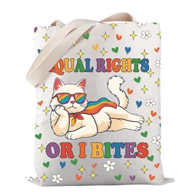 Imagem de PWHAOO Sacola feminista Cat Equal Rights Or I Bites Equal Rights Tote Bag Tote Bag LGBTQ Pride Month Gift (I Bites TOTE)