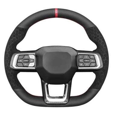 Imagem de MEWANT Capa de volante Athsuede em relevo hexagonal de couro sintético preto costurado à mão para Ford Mustang 2024