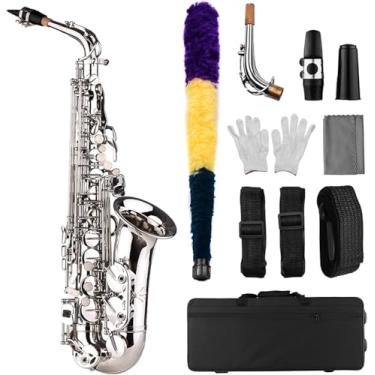 Imagem de Sax De Saxofone Eb Be Alto E Bemol Padrão Esculpido Em Latão Na Superfície Bocal De Plástico Requintado Com Luvas Pano Escova Correias, silver