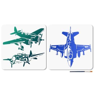 Imagem de MAYJOYDIY 2 peças de estêncil de avião retrô para pintura modelo de desenho moderno de aeronave a jato de 29 x 29 cm com pincel para decoração de papel e tela de parede