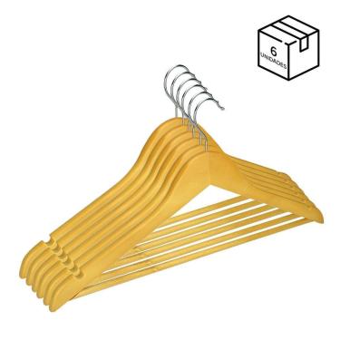 Imagem de Kit 6 Cabides de Madeira Adulto Camisa Calça Gancho Metal