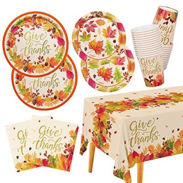 Imagem de Kit de artigos de festa com tema de outono, serve 25, louça descartável para colheita de outono inclui: pratos de jantar de papel, pratos de sobremesa, guardanapos, copos e toalha de mesa, para decorações de festa de Ação de Graças