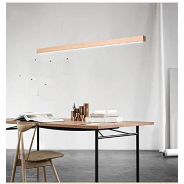 Imagem de Luminária pendente moderna de madeira com controle remoto, lustre suspenso regulável para mesa de jantar, luz de teto de madeira de 120 cm para decoração de escritório e casa