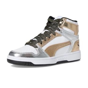 Imagem de PUMA Tênis infantil unissex Rebound Layup Mid Shoes (criança grande), Puma Branco/PUMA Gold/PUMA Silver, 21