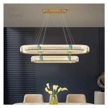 Imagem de Mesa de jantar moderna Led luzes pendentes reguláveis por controle remoto K9 cristais oval dourado aço lâmpada suspensa Led iluminação, lustres Led, 3 alteráveis-L70cm 36W