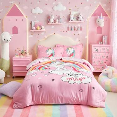 Imagem de Conjunto de capa de edredom de unicórnio solteiro de 3 peças (1 capa de edredom rosa para meninas + 2 fronhas) com lindos unicórnios mágicos arco-íris - capa de edredom de 800 fios com fecho de zíper