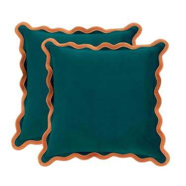 Imagem de MONDAY MOOSE Capas de almofada decorativas, conjunto de 2 designs de borda ondulada de veludo macio, misture e combine para decoração de casa, almofadas não incluídas (coral/azul-petróleo, 56 x 56 cm)