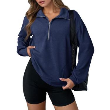 Imagem de Moletom feminino Dokotoo Waffle Knit com meio zíper azul médio