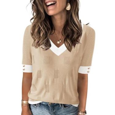 Imagem de Suéter feminino AKEWEI com decote em V e manga curta 100% viscose