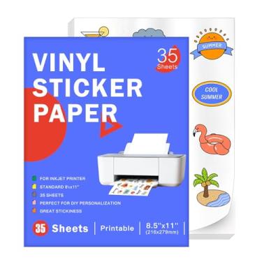 Imagem de 30 folhas de papel adesivo de vinil imprimível premium para impressoras a jato de tinta, branco brilhante 21,6 x 28 cm, papel adesivo de vinil impermeável, seca rapidamente, cores vivas, resistente a