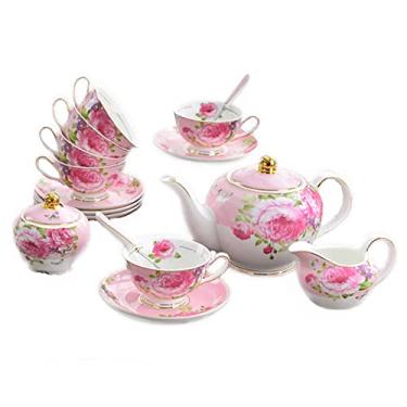Imagem de Conjunto de 15 peças de chá da tarde com bule de chá, serviço de chá para casamento, xícaras de café e pires, açucareiro, pote de leite, osso fino